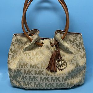 MICHAEL KORS Ring Handle Signature Tan Canvas Leather East West *EUC* LOOKS NEW!